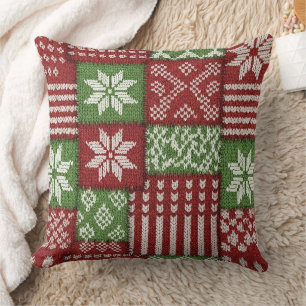 Klassischer Weihnachts-Patchwork-Strick - Rot, Grü Kissen