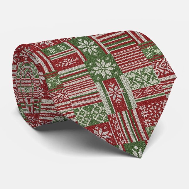 Klassischer Weihnachts-Patchwork-Strick - Rot, Grü Krawatte (Gerollt)