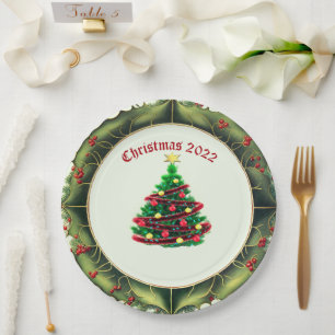 Klassischer Weihnachtsbaum und Holly Pappteller