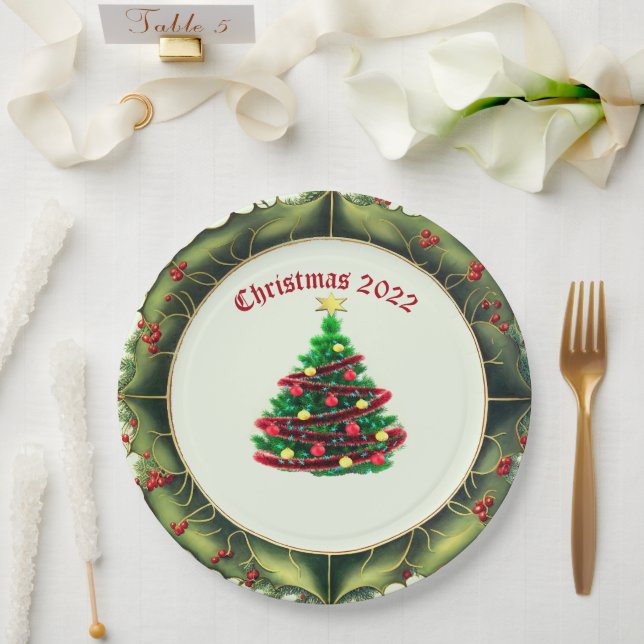 Klassischer Weihnachtsbaum und Holly Pappteller (Hochzeit)