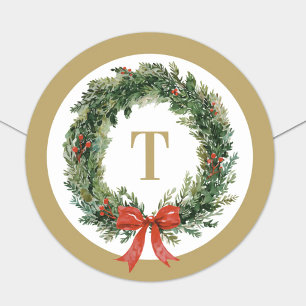Klassischer Weihnachtskranz Gold Monogramm Initial Runder Aufkleber