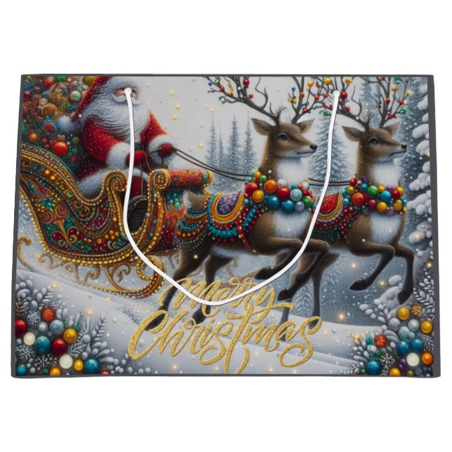 Klassischer Weihnachtsmann und Rentiere Große Geschenktüte (Vorderseite)