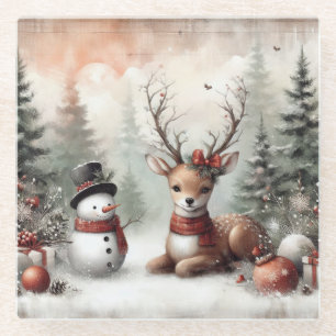 Klassischer Weihnachtswald mit Hirschen/Schneemann Glasuntersetzer