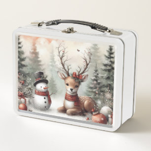 Klassischer Weihnachtswald mit Hirschen/Schneemann Metall Brotdose