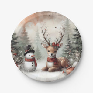 Klassischer Weihnachtswaldhirsch/Schneemann Pappteller