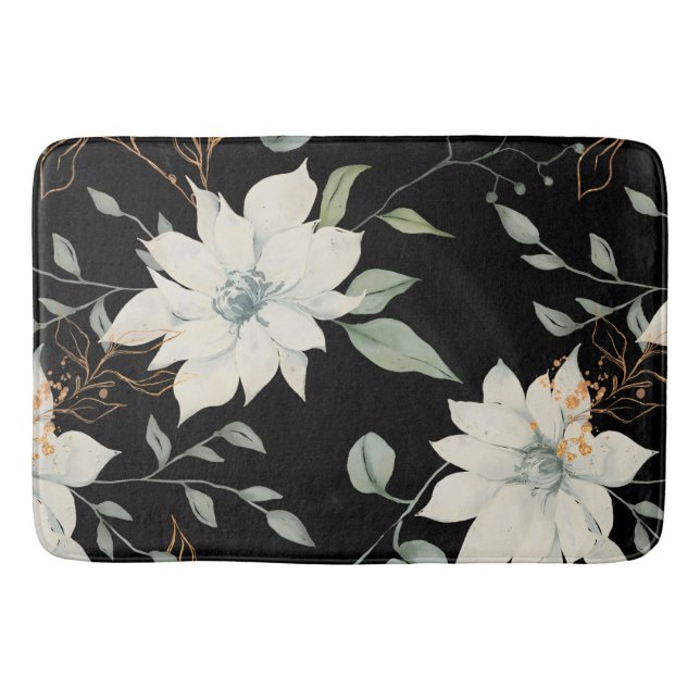 Klassischer weißer blumenweißer botanischer Schwar Badematte (Vorderseite)