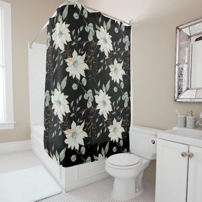 Klassischer weißer blumenweißer botanischer Schwar Duschvorhang (Beispiel)