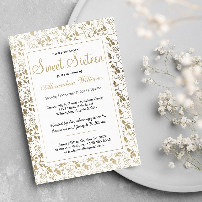 Klassischer weißer, eleganter goldfarbener Blumenr Einladung (Classy white elegant gold floral frame Sweet 16 Invitation )