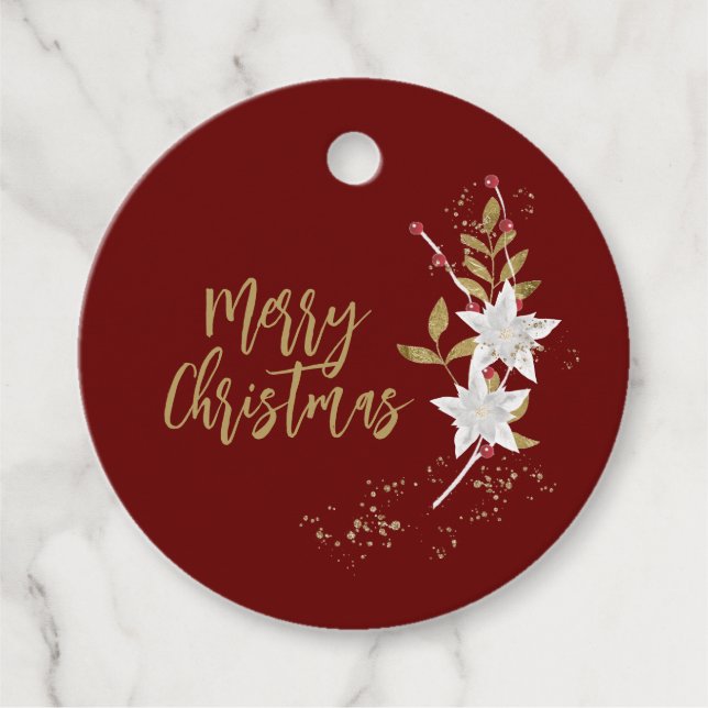 Klassischer Weißer Poinsettia und Berries Sparkle Geschenkanhänger (Vorderseite)