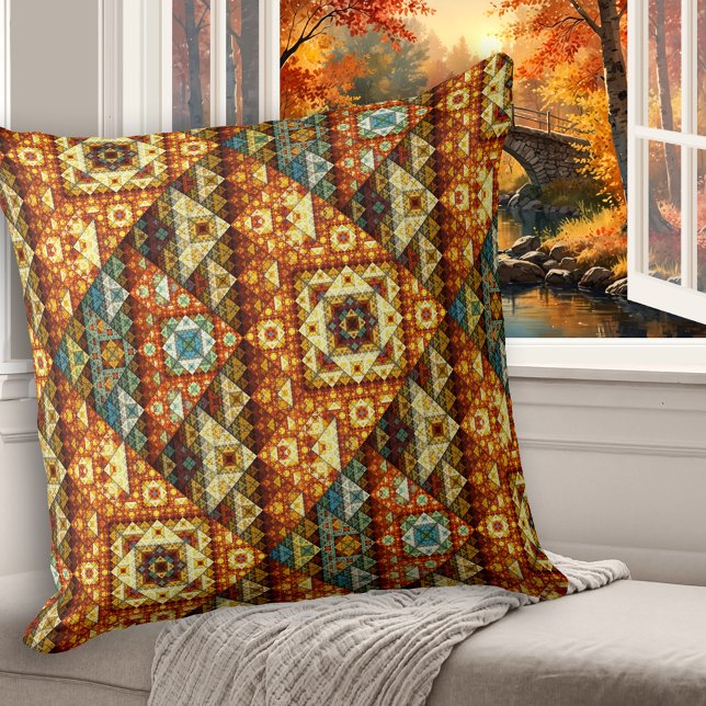 Klassisches ägyptisches Abstraktes Muster Kissen (Pillow featuring an Egyptian style abstract fractal pattern in a bohemian artistic style)