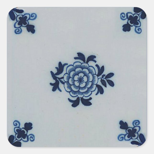 Klassisches Antiquariat Delft Blue Tile - Blumenmo Quadratischer Aufkleber (Vorderseite)