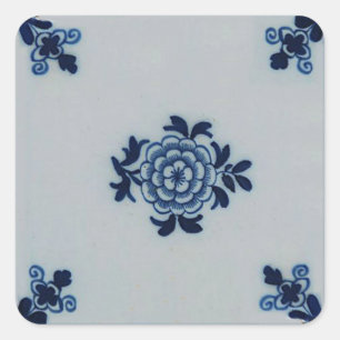 Klassisches Antiquariat Delft Blue Tile - Blumenmo Quadratischer Aufkleber