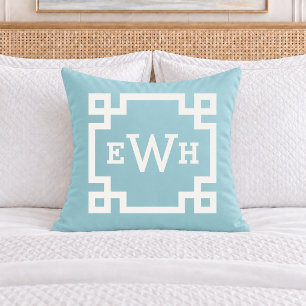 Klassisches Aqua-Griechisches-Schlüssel-Monogramm  Kissen