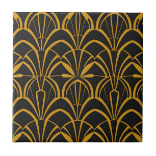 Klassisches Art Deco-Fan-Muster Schwarz Gold Brüll Fliese