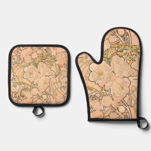 Klassisches Art Nouveau Pfingstrosen-Gartenmuster  Ofenhandschuh & Topflappen-Set