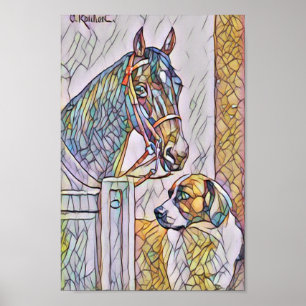 Klassisches Bild/Fleckglas von Pferd und Hund Poster