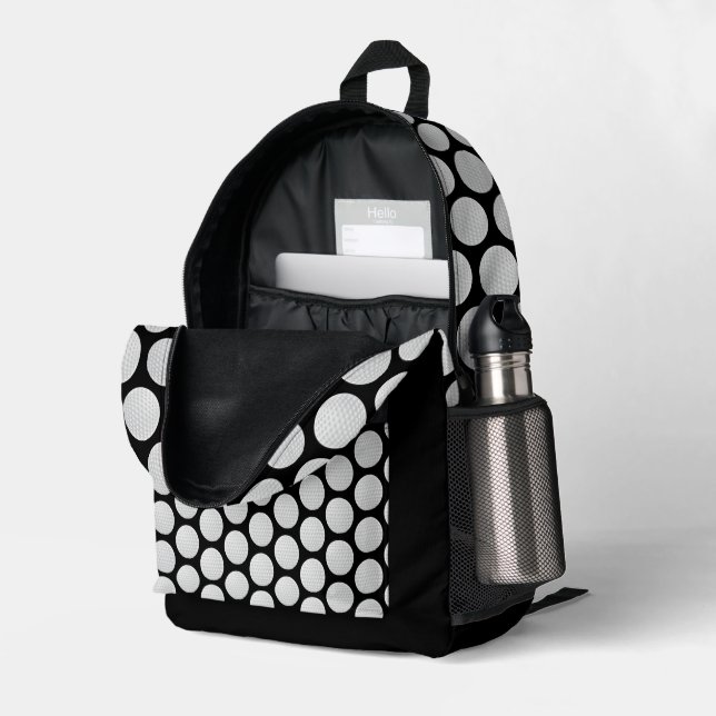 Klassisches Black and White Golf Ball Muster Bedruckter Rucksack (Rückseitige Ecke links (Offen) )