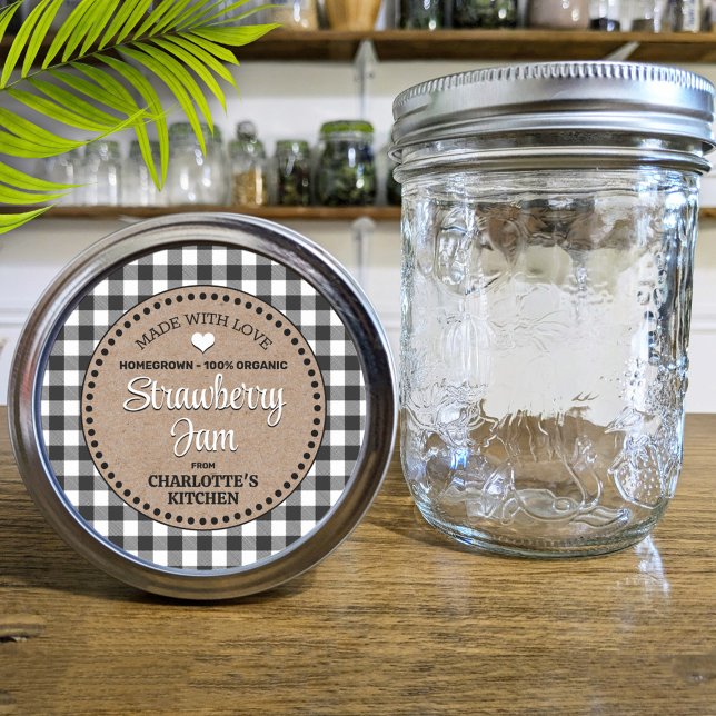 Klassisches Black Gingham Canning Jar Label Runder Aufkleber (Von Creator hochgeladen)