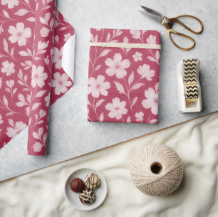 Klassisches Blatt-Blumenkunstmuster auf dunklem Ro Geschenkpapier