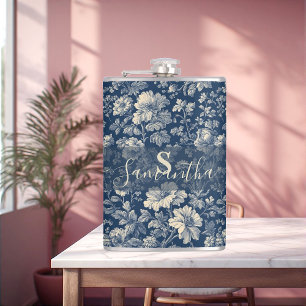 Klassisches Blau Französische Toile Blumen Blüten Flachmann