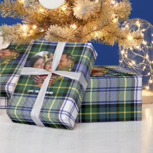Klassisches blau-grün kariertes Weihnachtsfoto Geschenkpapier