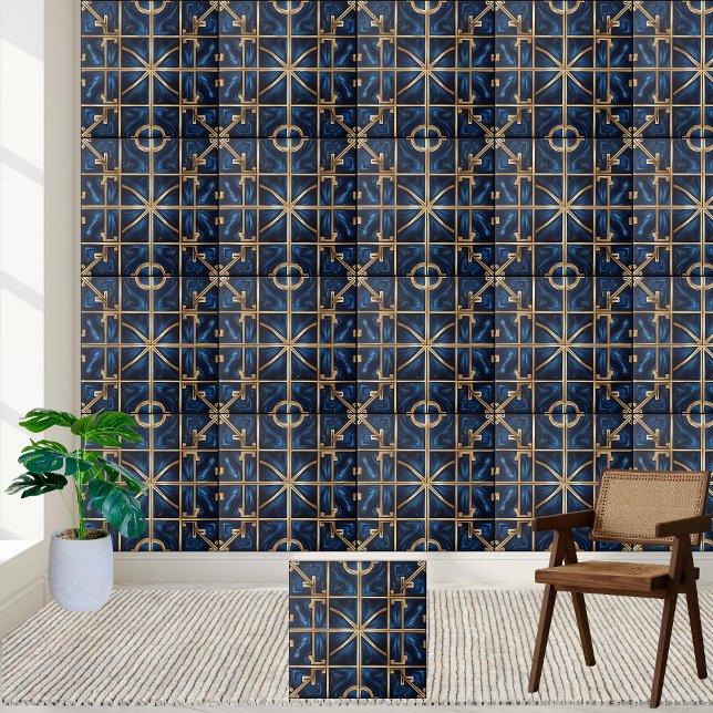 Klassisches Blau- und Gold-Griechisches Muster Fliese (Classic Blue and Gold Greek Key Pattern Tile)