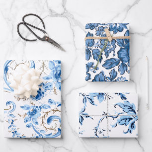 Klassisches Blau und Weiß Florals Geschenkpapier Set