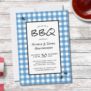 Klassisches Blau-Weiß-Gingham-Ameisen-BBQ-Picknick Einladung