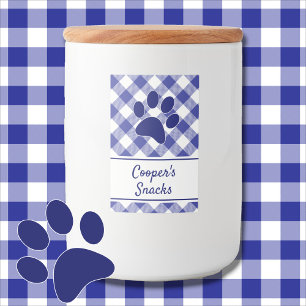 Klassisches Blau-Weiß-Gingham-Muster Pfoten-Name Lebensmitteletikett