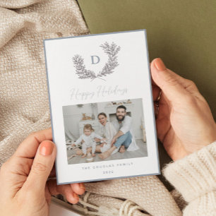 Klassisches Blau-Weiß-Monogramm-Wappen-Foto Feiertagskarte
