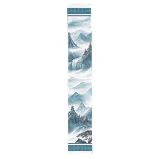 Klassisches Blaues Chinoiserie Malerei Großer Tischläufer (Vorderseite)