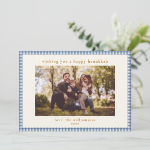 Klassisches blaues Gingham-Familienfoto Hanukkah Feiertagskarte