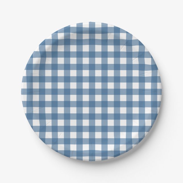 Klassisches blaues Gingham-Muster Pappteller (Vorderseite)