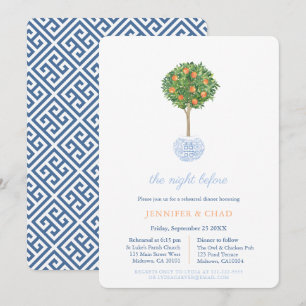 Klassisches blaues und oranges Hochzeitsprobedinne Einladung