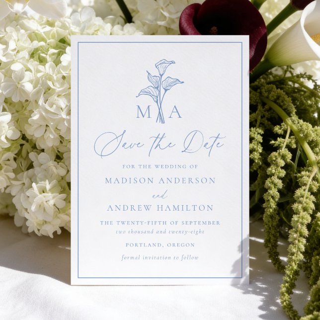 Klassisches Blaues Zantedeschia-Monogramm-Hochzeit Save The Date (Von Creator hochgeladen)