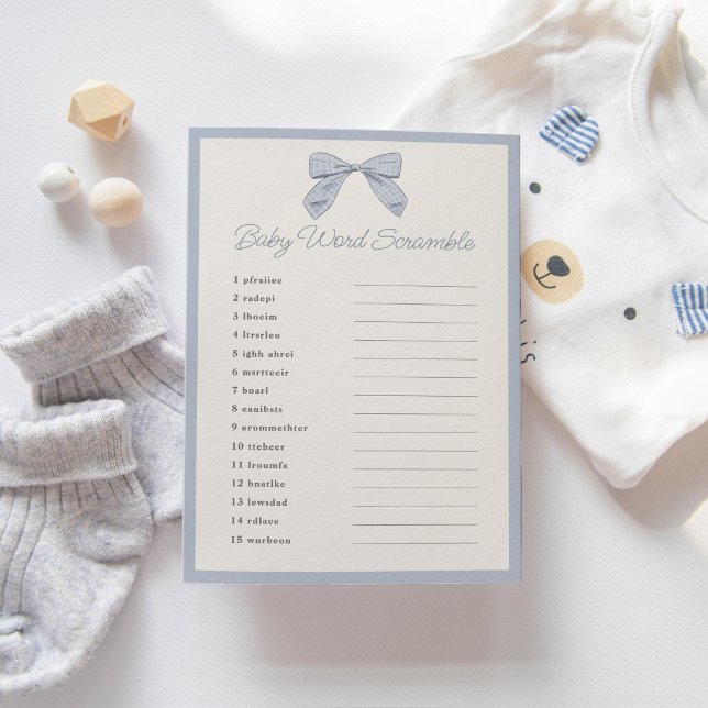 Klassisches Blue Bow Baby Shower Word Scramble Gam Einladung (Von Creator hochgeladen)