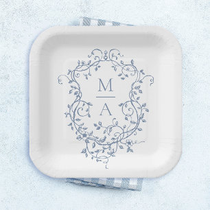 Klassisches Blue Floral Wappen Monogram Wedding Pappteller