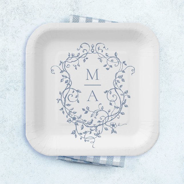 Klassisches Blue Floral Wappen Monogram Wedding Pappteller (Von Creator hochgeladen)