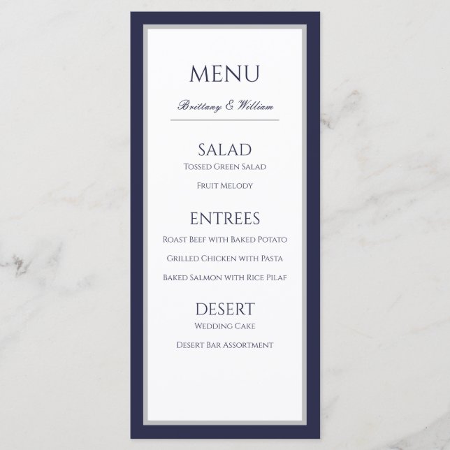 Klassisches "Blue Gray Border Wedding Menu" für Na Menükarte (Vorderseite)