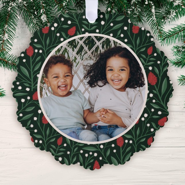 Klassisches Blumenrahmen Foto Weihnachten | Grün Ornament Karte (Von Creator hochgeladen)