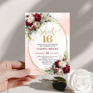 Klassisches Boho Merlot Gold Florales Sweet Sixtee Einladung