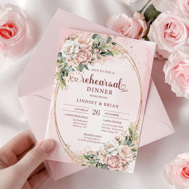 Klassisches Boho-Roségold-Eukalyptus-Probedinner Einladung (Classic Boho Rose Gold Eucalyptus Rehearsal Dinner)