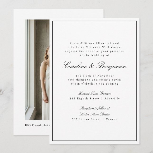 Klassisches Border-Script Weiß Elegante Foto-Hochz Einladung (Vorne/Hinten)