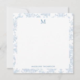 Klassisches botanisches Toile-Monogramm Blau Quadr Mitteilungskarte