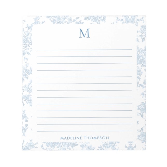 Klassisches botanisches Toile-Monogramm Französisc Notizblock (Vorderseite)