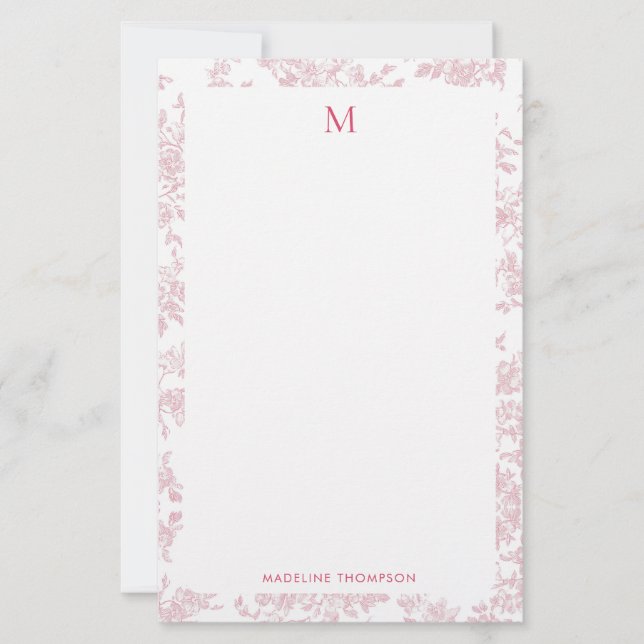 Klassisches botanisches Toile-Monogramm Rot Briefpapier (Vorderseite)
