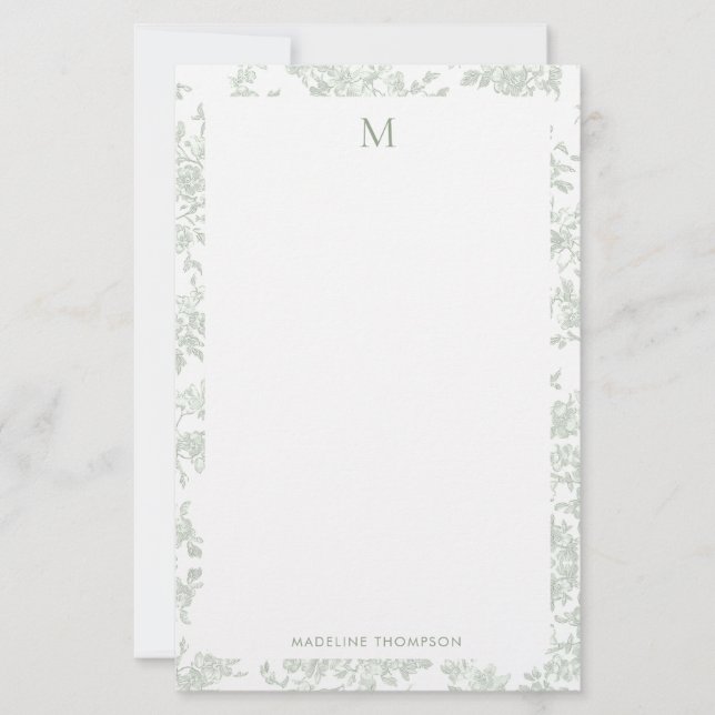 Klassisches botanisches Toile-Monogramm Sagegrün Briefpapier (Vorderseite)