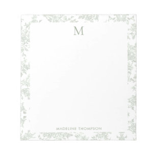 Klassisches botanisches Toile-Monogramm Sagegrün Notizblock