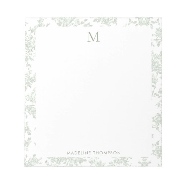Klassisches botanisches Toile-Monogramm Sagegrün Notizblock (Vorderseite)