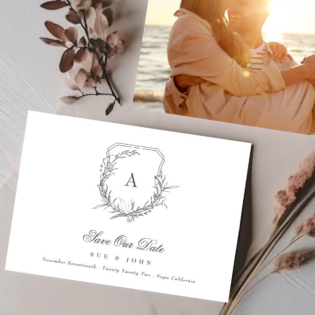 klassisches botanisches Wappen-Monogramm-Foto Save The Date (Von Creator hochgeladen)